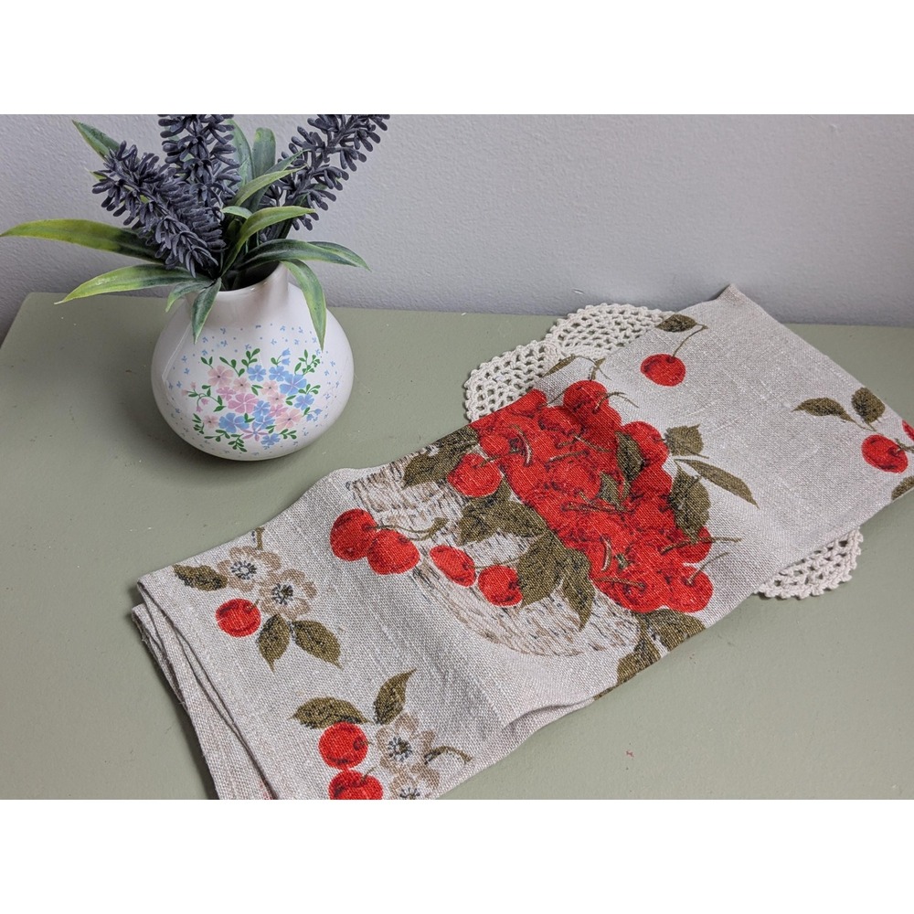 Vintage Cherry Tea Towel Red Fruit Basket Linen Kitchen Decor